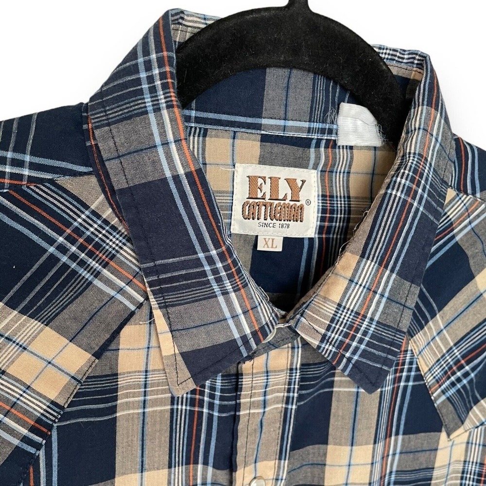 Vintage Ely Cattleman Blue Tan Plaid XL Long Sleeve Western Pearl Snap Shirt - Picture 3 of 3